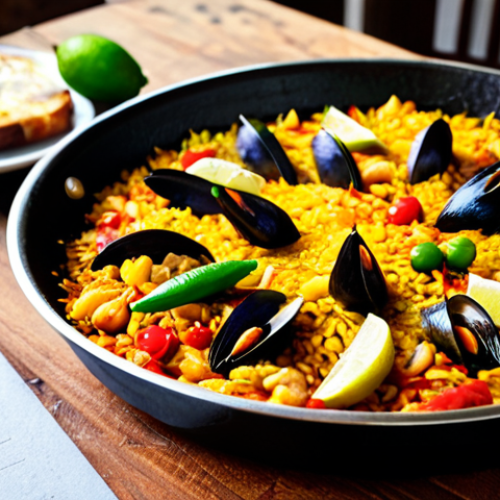 Home 6 Recipe Ingredient Guessing Game**
"A beautifully styled photo of a traditional Spanish paella, fully cooked and ready to serve, on a rustic wooden table. Focus on the vibrant colors of the ingredients. Add an Instagram Story overlay with a "Poll" sticker asking followers to guess the secret ingredient: 'What's the special spice in this paella?'. Safe for work, appropriate content, professional food photography, perfect anatomy (of the food!), natural proportions, high quality. The scene should evoke a warm, family-friendly atmosphere in a sunny Spanish kitchen."
**
