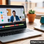 Home 21 유튜브 쇼츠 애널리틱스 - A modern content creator analyzing YouTube Shorts performance on a sleek laptop in a cozy home offic...