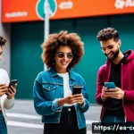 Home 19 네이버 동영상 트렌드 - A diverse group of young Spanish content creators filming short, dynamic videos in vibrant urban set...