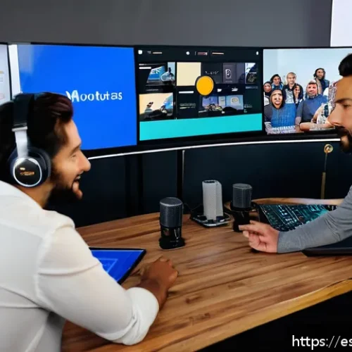 Home 30 팟캐스트 청취자 늘리는 방법 - A modern podcast recording studio scene featuring a diverse group of podcasters collaborating enthus...